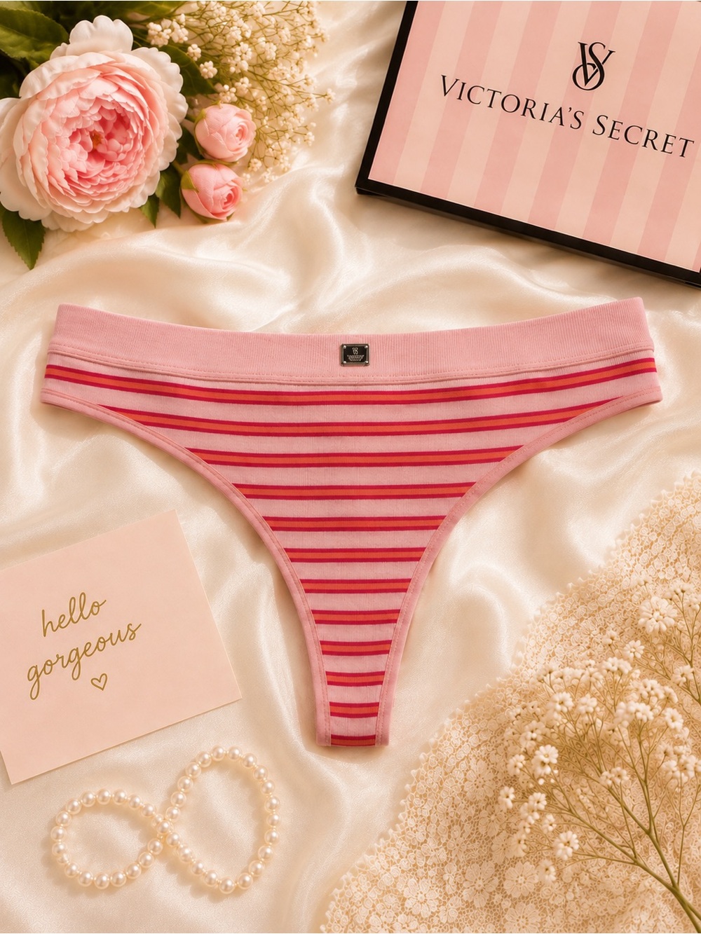 NWT Victoria's Secret Pink and Red Striped Bikini Thong Size L